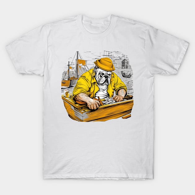 A Carpenter English Bulldog working on a wooden boat, surrounded by water and other boats in a busy T-Shirt by teestore_24